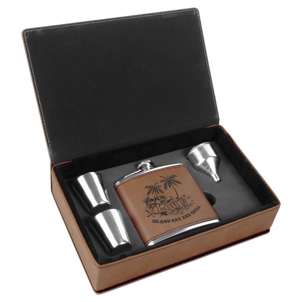 Leatherette Wrapped Flask Sets - Dark Brown Leatherette