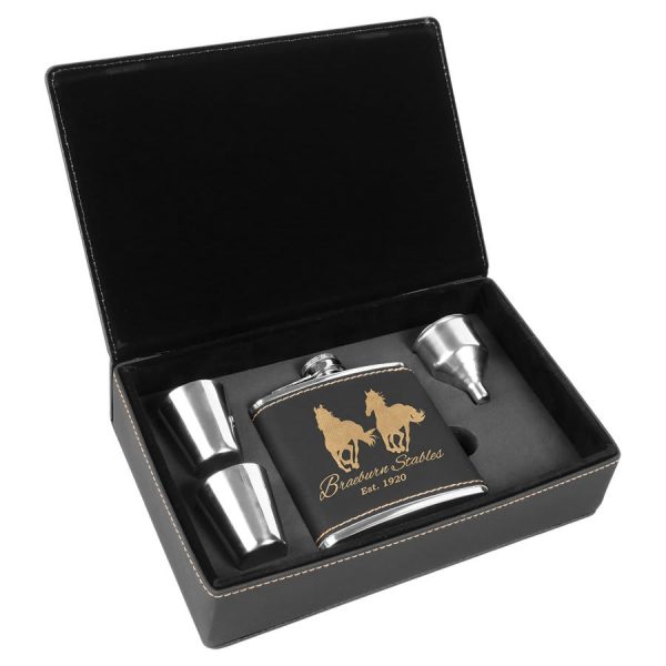 Leatherette Wrapped Flask Sets - Black with Gold Leatherette