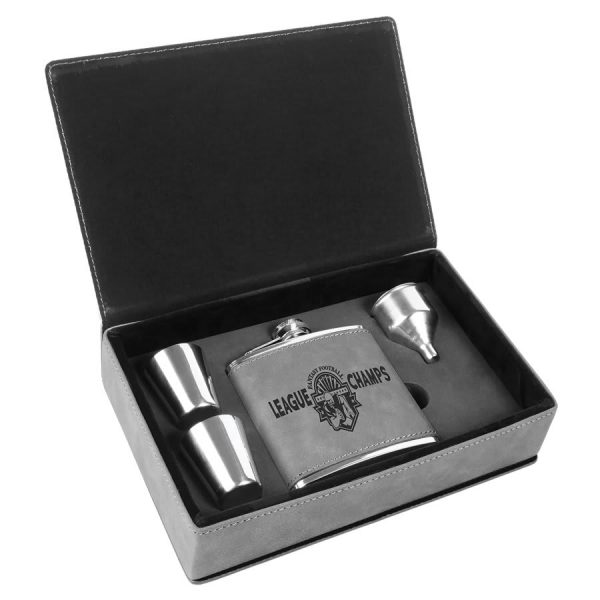 Leatherette Wrapped Flask Sets - Grey Leatherette