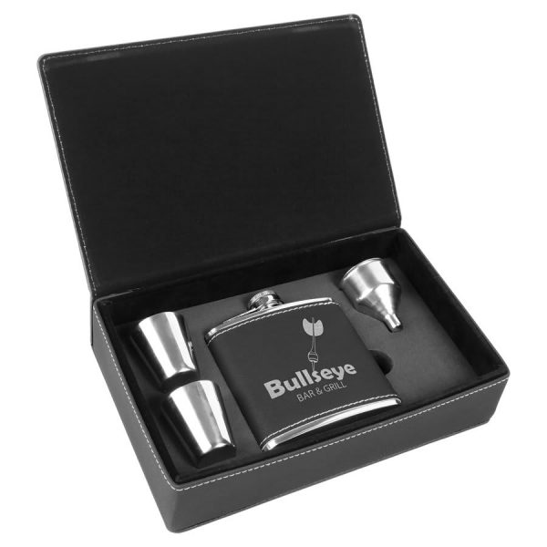 Leatherette Wrapped Flask Sets - Black with Silver Leatherette