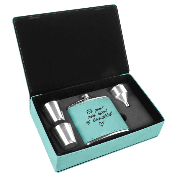 Leatherette Wrapped Flask Sets - Teal Leatherette