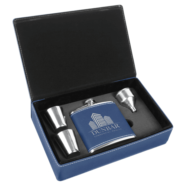 Leatherette Wrapped Flask Sets - Blue with Silver Leatherette