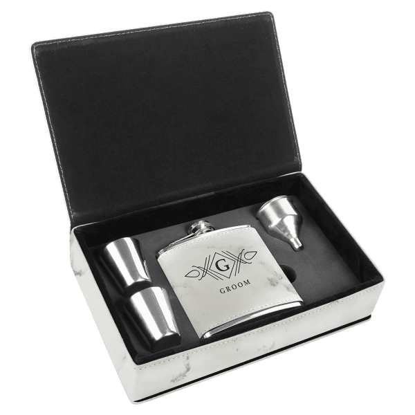 Leatherette Wrapped Flask Sets - White Marble Leatherette