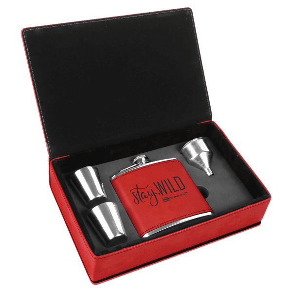Leatherette Wrapped Flask Sets - Red Leatherette